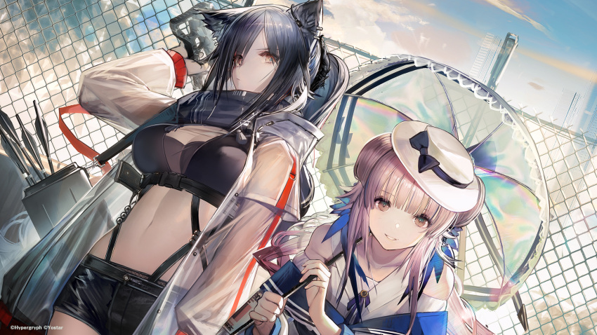 2girls animal_ears arknights arrow_(projectile) bangs black_hair black_shorts blue_feathers bow ceylon_(arknights) chain-link_fence company_name copyright earpiece feather_hair fence gun hat hat_bow highres holding jacket leg_garter lens_flare liduke long_hair looking_at_viewer multiple_girls official_art over_shoulder photo_(object) pink_eyes pink_hair quiver scarf schwarz_(arknights) see-through see-through_jacket short_shorts shorts smile snap-fit_buckle umbrella very_long_hair weapon weapon_over_shoulder white_headwear