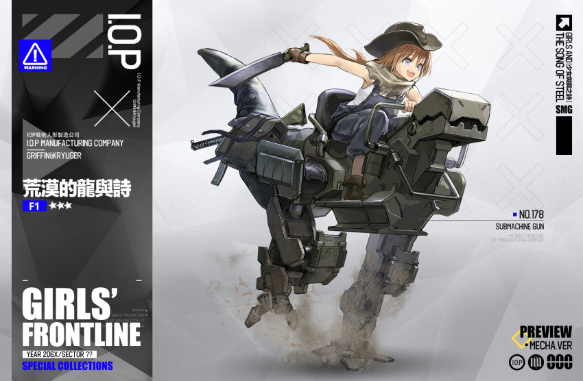 1girl artist_request bangs blue_eyes boots breasts brown_footwear character_name commentary_request copyright_name cowboy_hat eyebrows_visible_through_hair f1 f1_(girls'_frontline) full_body girls_frontline grey_scarf gun hair_between_eyes hat highres holding holding_knife knife looking_away mecha official_alternate_costume official_art open_mouth orange_hair ponytail promotional_art scarf short_hair simple_background sitting small_breasts smile solo submachine_gun teeth upper_teeth weapon