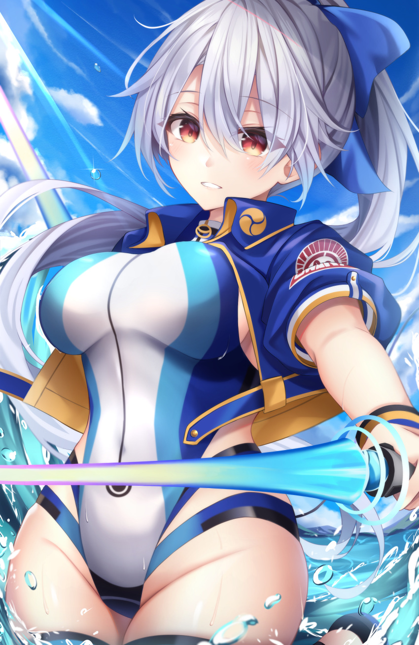 1girl absurdres bangs blue_bow blue_jacket blue_sky blue_swimsuit bow breasts energy_sword fate/grand_order fate_(series) hair_between_eyes hair_bow highleg highleg_swimsuit highres jacket large_breasts long_hair looking_at_viewer ocean one-piece_swimsuit open_clothes open_jacket ponytail red_eyes short_sleeves silver_hair sky smile solo swimsuit sword thigh_strap thighs tomoe_gozen_(fate) tomoe_gozen_(swimsuit_saber)_(fate) tsukasa_tsubasa two-tone_swimsuit wading water weapon white_swimsuit
