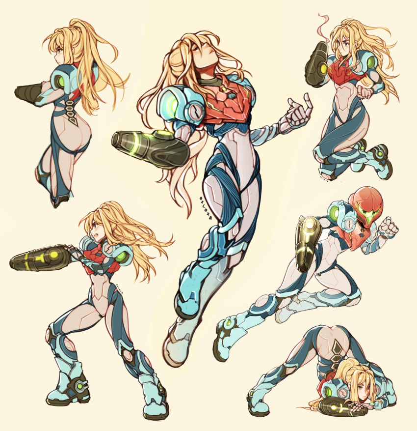 1girl arm_cannon ass bangs blonde_hair blue_eyes blush eyebrows_visible_through_hair flexible full_body guilty_gear guilty_gear_strive gun hands_on_ground highres jack-o'_challenge long_hair looking_at_viewer meme metroid metroid_dread mole mole_under_mouth oxcoxa ponytail power_suit samus_aran simple_background skin_tight solo spread_legs top-down_bottom-up twitter weapon wide_spread_legs