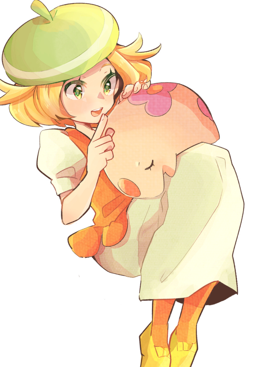 1girl :d beret bianca_(pokemon) blonde_hair commentary_request dress eyelashes flats green_eyes green_headwear hands_up hat highres holding holding_pokemon misha_(ohds101) munna open_mouth orange_legwear orange_vest pantyhose pokemon pokemon_(creature) pokemon_(game) pokemon_bw short_hair short_sleeves smile teeth tongue upper_teeth vest white_dress yellow_footwear