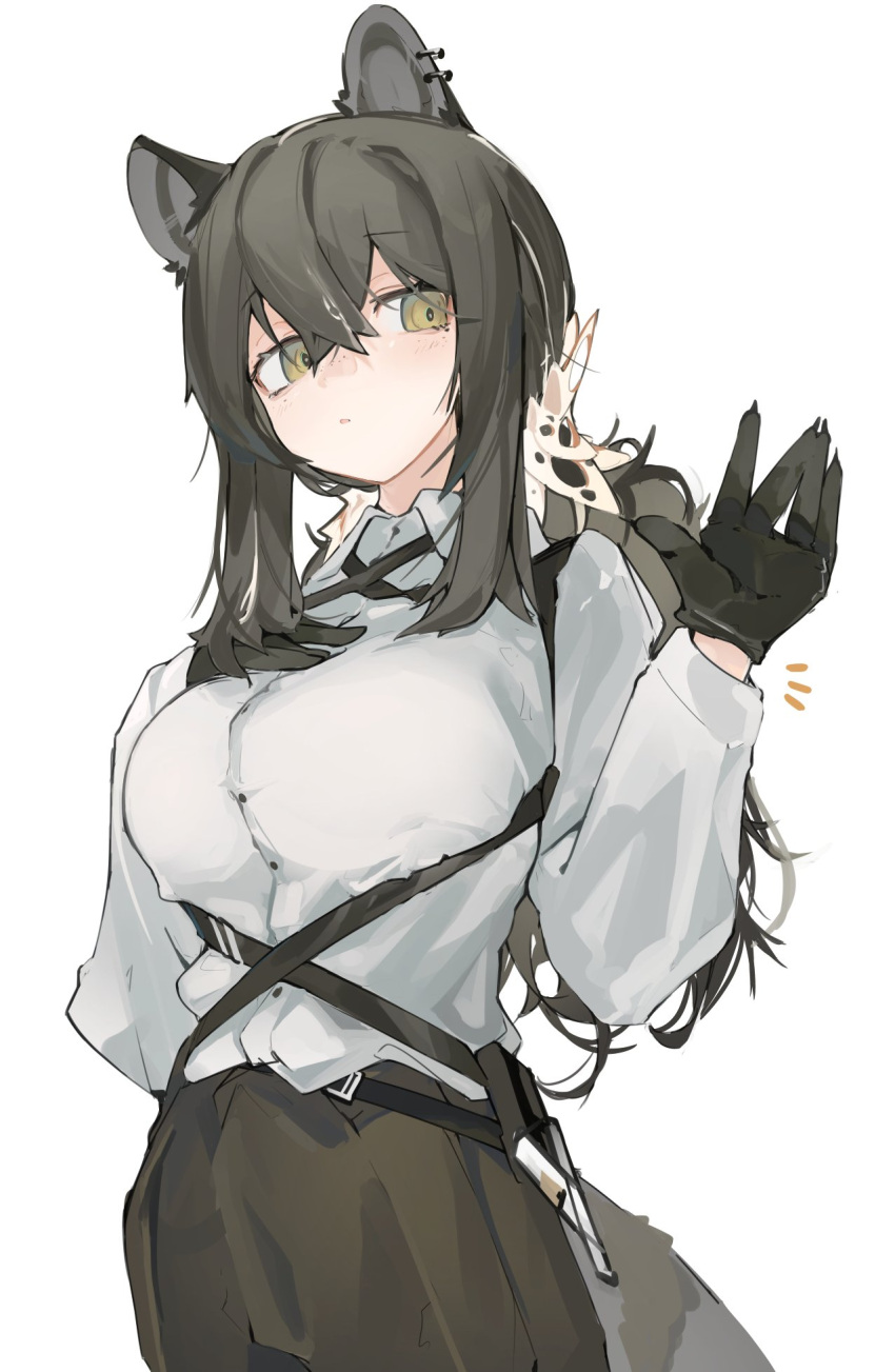 1girl animal_ears arknights black_gloves black_hair black_skirt blush breasts collared_shirt cowboy_shot ear_piercing emphasis_lines eyebrows_visible_through_hair gloves hair_between_eyes hand_on_own_chest highres long_hair medium_breasts mikojin piercing ponytail raccoon_ears raccoon_girl raccoon_tail robin_(arknights) shirt sidelocks simple_background skirt solo tail white_background white_shirt yellow_eyes