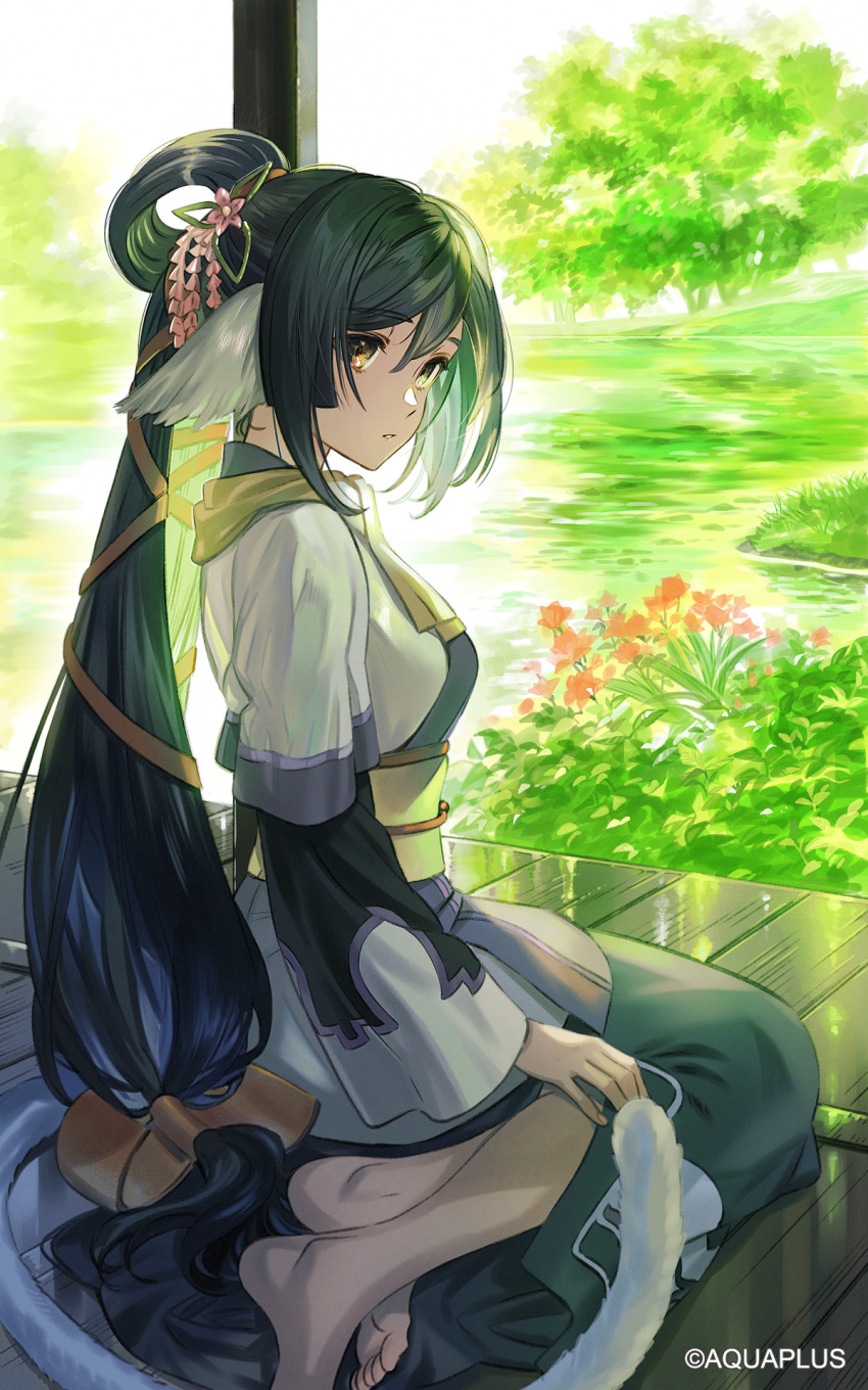 1girl aquaplus bangs barefoot black_hair brown_eyes character_request eyebrows_visible_through_hair flower from_side full_body highres long_hair looking_at_viewer low-tied_long_hair plant red_flower reflection sitting solo tree umishima_senbon very_long_hair