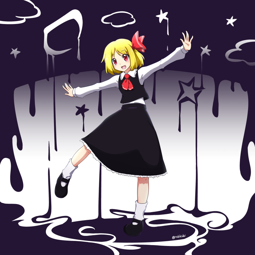 1girl :d absurdres arms_at_sides artist_name ascot black_dress black_skirt black_vest blonde_hair collared_shirt dress drop eyebrows_visible_through_hair frills full_body hair_ornament hair_ribbon highres mary_janes melting open_mouth purple_background rakkidei red_ascot red_eyes red_ribbon ribbon rumia shirt shoes short_hair simple_background skirt smile socks solo standing standing_on_one_leg star_(symbol) touhou vest white_background white_legwear white_shirt