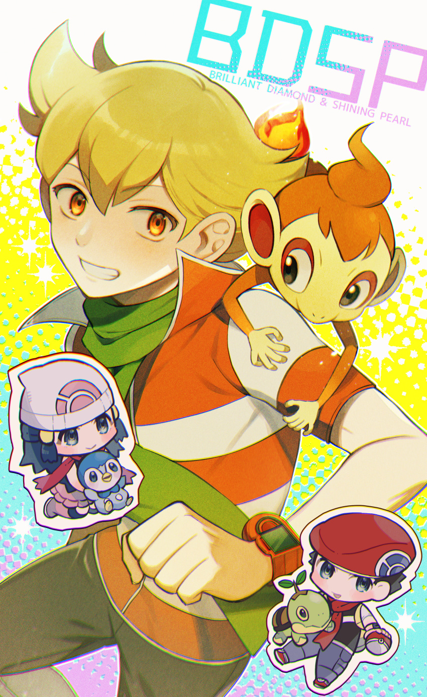 1girl 2boys absurdres bangs barry_(pokemon) blonde_hair chimchar clenched_hand commentary_request cuzuc0 green_scarf grey_pants grin hand_up highres hikari_(pokemon) jacket lucas_(pokemon) multiple_boys on_shoulder orange_eyes pants piplup pokemon pokemon_(creature) pokemon_(game) pokemon_bdsp pokemon_on_shoulder poketch scarf short_hair short_sleeves smile striped striped_jacket teeth turtwig watch watch