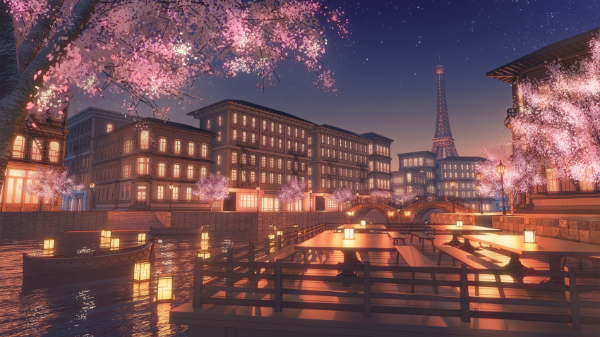 bench boat building canal cherry_blossoms eiffel_tower hachio81 highres lamp lamppost lights night no_humans original paris pier railing road scenery stairs star_(sky) stone_wall street table tree wall watercraft window