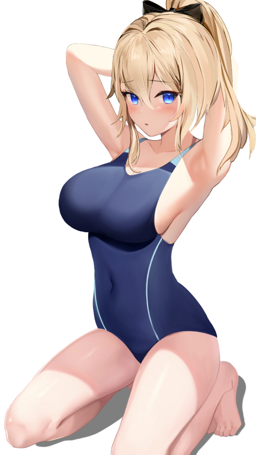 1girl barefoot blonde_hair blue_eyes blue_swimsuit bow breasts chinese_commentary commentary_request full_body genshin_impact hair_bow highres jean_(genshin_impact) kneeling large_breasts long_hair looking_at_viewer niduannowu ponytail school_swimsuit simple_background solo swimsuit white_background