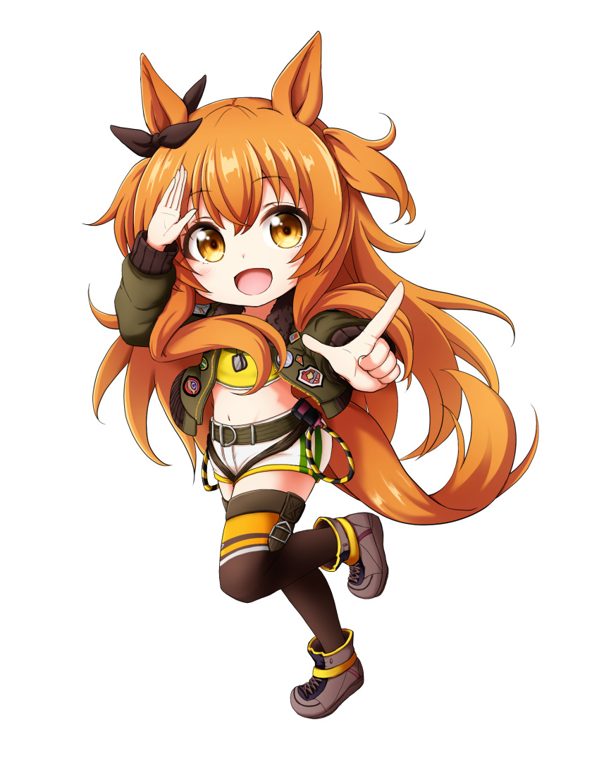 1girl :d animal_ears arm_up bangs black_legwear black_ribbon boots brown_eyes brown_footwear crop_top dog_tags ear_ribbon eyebrows_visible_through_hair full_body green_jacket hair_between_eyes highres horse_ears horse_girl horse_tail jacket kuena long_hair long_sleeves mayano_top_gun_(umamusume) midriff navel open_clothes open_jacket orange_hair outstretched_arm pointing pointing_at_viewer ribbon shirt short_shorts shorts simple_background smile solo standing standing_on_one_leg tail thigh-highs thighhighs_under_boots two_side_up umamusume very_long_hair white_background white_shorts yellow_shirt