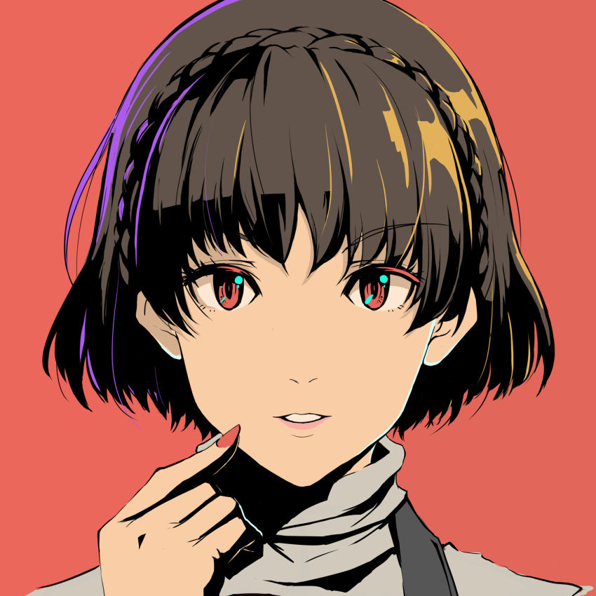1girl bangs braid brown_hair crown_braid eyebrows_visible_through_hair face fingernails hand_up high_contrast highres light_smile looking_at_viewer nail_polish niijima_makoto parted_lips persona persona_5 red_background red_eyes red_nails sharp_fingernails short_hair simple_background solo yamagami_mozuku