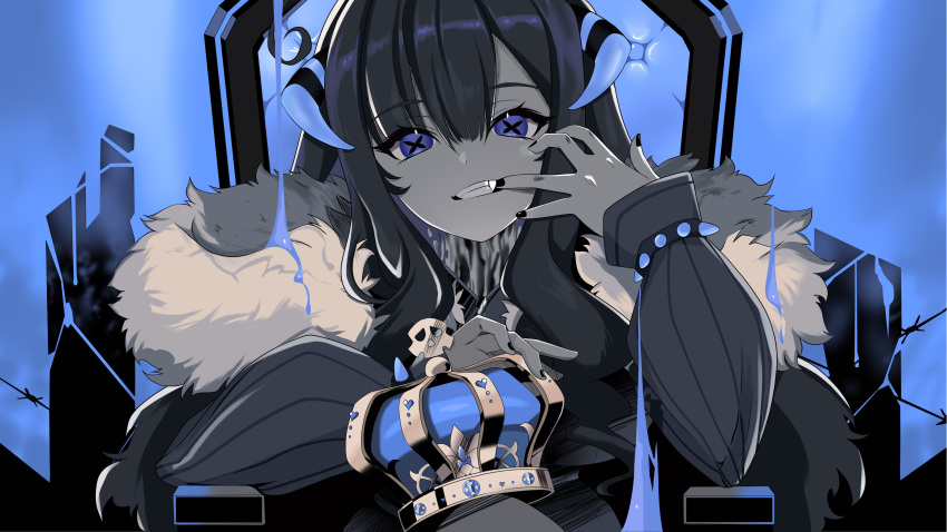 1girl absurdres bracelet cape crown crown_removed dullahan fang fur-trimmed_cape fur_trim highres horns jewelry kamiesisyanon king_(vocaloid) limited_palette nail_polish prism_project rikudou_yura solo spiked_bracelet spikes throne virtual_youtuber x-shaped_pupils