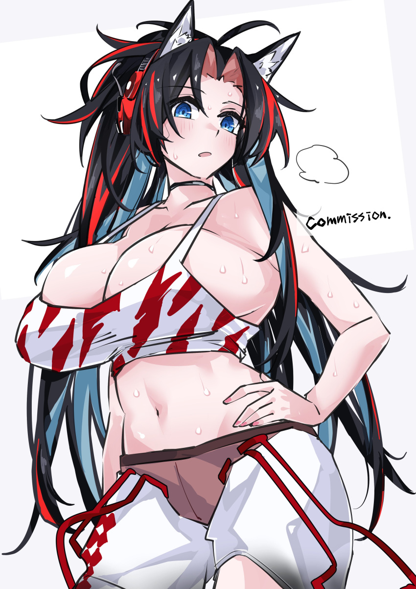 1girl absurdres animal_ears arknights black_choker black_hair blaze_(arknights) blaze_(burst_feline)_(arknights) blue_eyes blush breasts cat_ears choker collarbone commission crop_top eyebrows_visible_through_hair hand_on_hip headphones highres implied_extra_ears long_hair medium_breasts multicolored_hair navel official_alternate_costume open_mouth pink_nails redhead shorts simple_background solo streaked_hair sweat tank_top white_background white_shorts white_tank_top yuteka_(yute_nut)