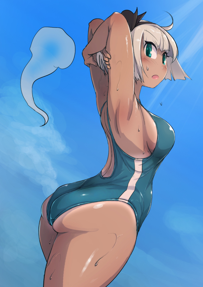 1girl ahoge alternate_costume armpits arms_behind_head ass back back_cutout bangs bare_shoulders black_bow black_hairband blush bob_cut bow breasts clothing_cutout commentary_request enajii ghost green_swimsuit hair_bow hairband highres hitodama konpaku_youmu konpaku_youmu_(ghost) looking_at_viewer medium_breasts open_mouth short_hair shoulder_blades sideboob silver_hair simple_background solo standing sweatdrop swimsuit tan thighs touhou white_background