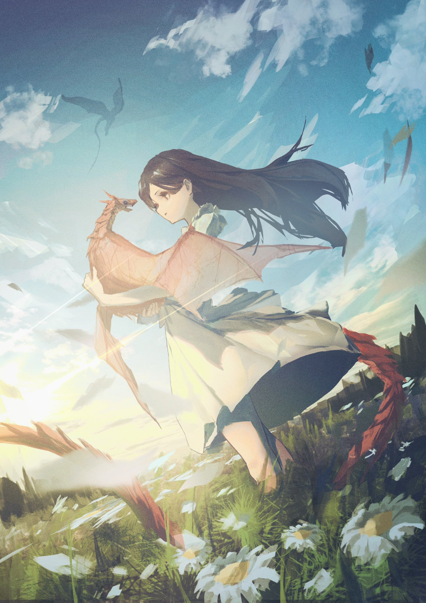 1girl animal brown_eyes brown_hair clouds commentary dragon dress from_side grass highres holding holding_animal long_hair meadow neg_(101neg) original outdoors sky solo spread_wings standing white_dress