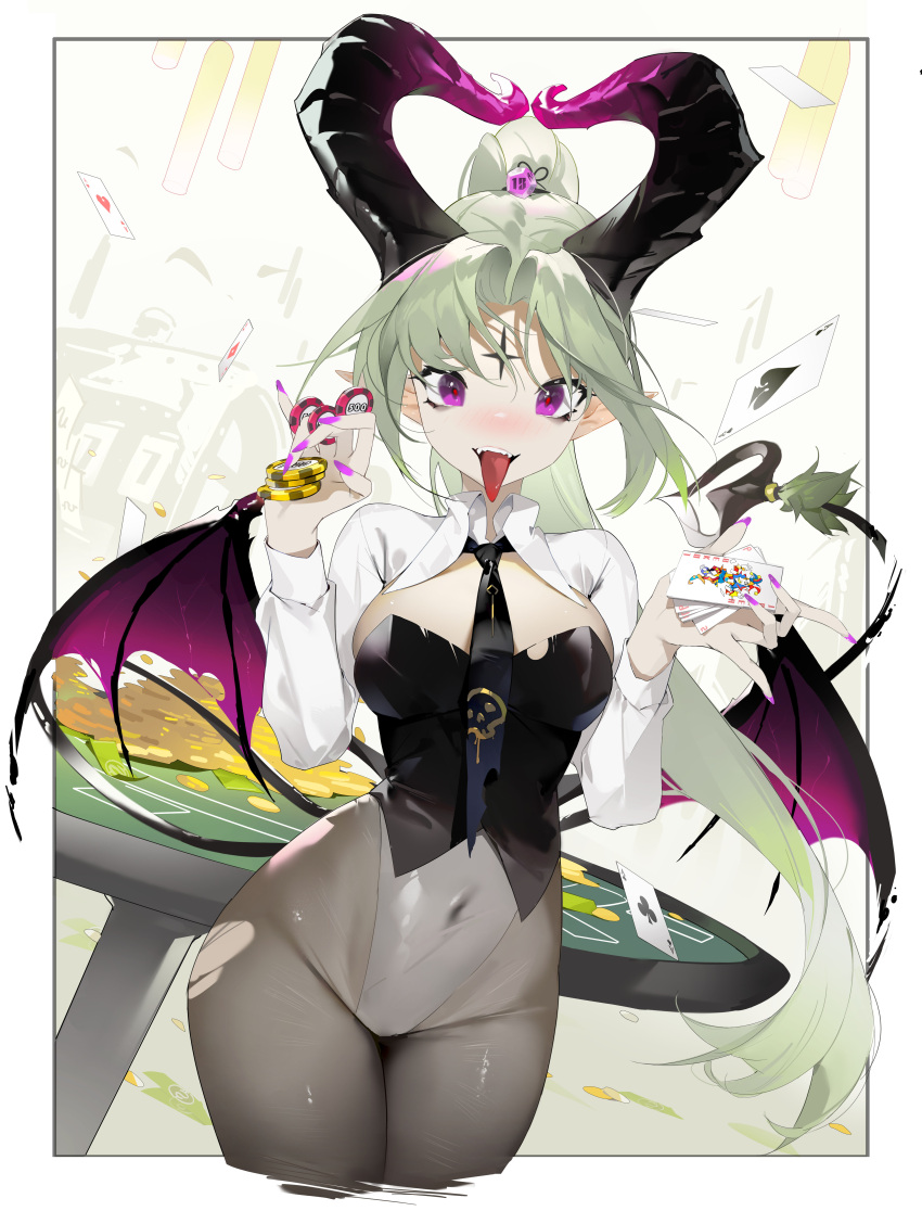 1girl absurdres bangs bat_wings border breasts card casino casino_card_table club_(shape) covered_navel cropped_legs demon_girl demon_horns demon_tail demon_wings diamond_(shape) dice dice_hair_ornament facial_mark fangs fingernails forehead_mark green_hair groin hair_ornament hair_tie heart helic_(7317helic) high_ponytail highres holding holding_card horns joker_(card) large_breasts leotard long_hair looking_at_viewer nail_polish necktie open_mouth original outside_border playing_card pointy_ears poker_chip ponytail purple_nails shrug_(clothing) spade_(shape) standing tail tied_hair tongue tongue_out torn_clothes violet_eyes w_arms wings