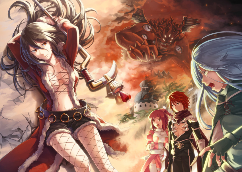 2girls 3boys armor assassin_cross_(ragnarok_online) bangs belt black_belt black_cape black_pants black_shirt black_shorts blue_hair bow breasts brown_eyes brown_hair cape character_request closed_mouth coat comiket_87 commentary_request cover cover_page cowboy_shot cross dagger demon destruction doujin_cover dress extra_eyes eyebrows_visible_through_hair fishnet_legwear fishnets fur-trimmed_coat fur-trimmed_shorts fur_trim green_cape green_shirt high_priest_(ragnarok_online) holding holding_dagger holding_staff holding_weapon jamadhar juliet_sleeves knife long_hair long_sleeves lying medium_breasts multiple_boys multiple_girls natsuya_(kuttuki) navel on_back open_clothes open_mouth open_shirt palm_tree pants pantyhose pauldrons ponytail puffy_sleeves ragnarok_online red_coat red_dress red_eyes red_scarf redhead rogue_(ragnarok_online) sash satan_morroc scarf shirt short_hair short_shorts shorts shoulder_armor skull staff thigh-highs torn_cape torn_clothes tree two-tone_dress vambraces waist_cape weapon white_bow white_dress white_legwear white_sash