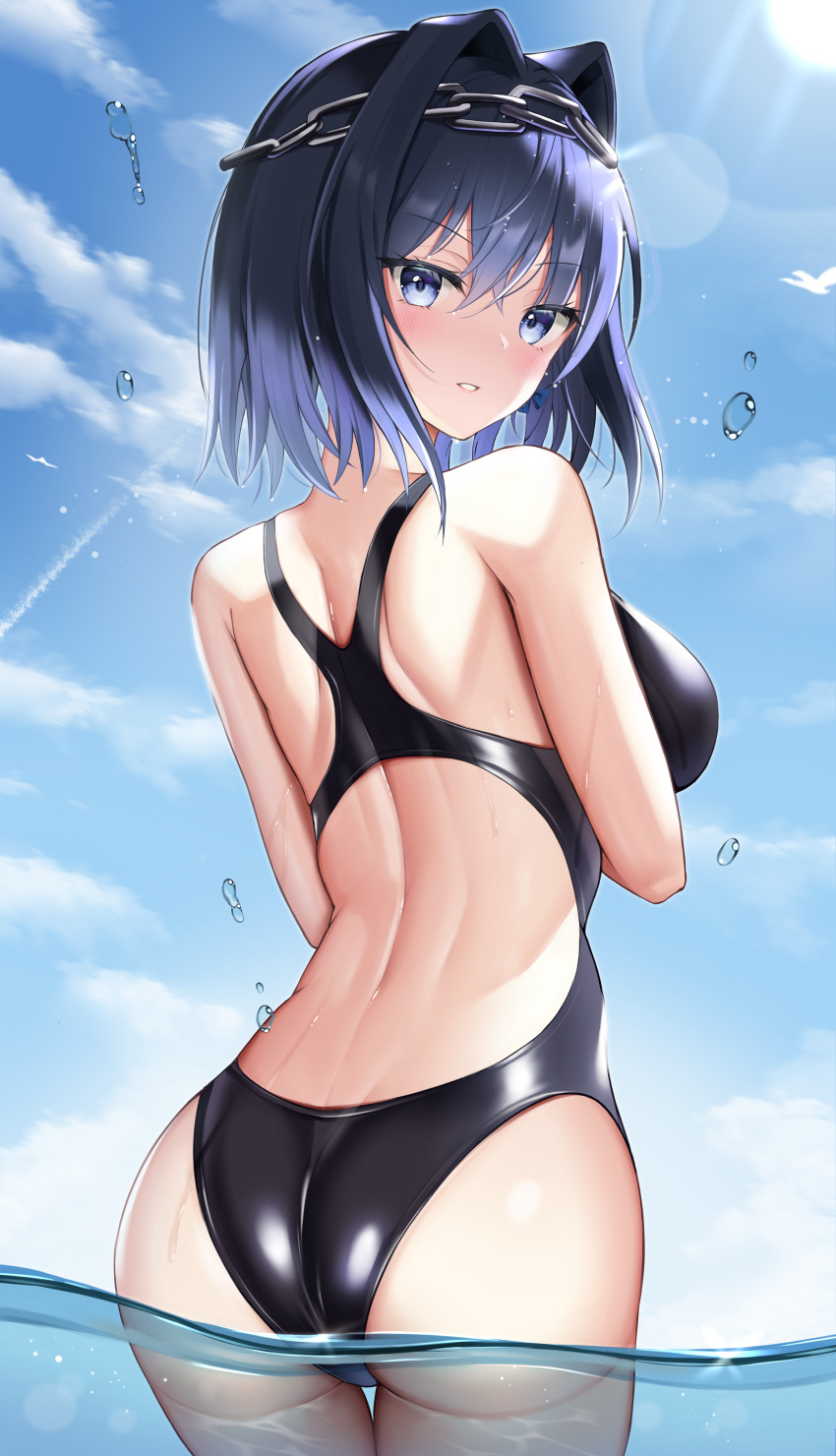1girl absurdres ass back_cutout bangs bird black_swimsuit blue_eyes blue_sky blush breasts clothing_cutout clouds cowboy_shot day eyebrows_visible_through_hair from_behind hair_intakes head_chain highres hololive large_breasts looking_at_viewer looking_back one-piece_swimsuit ouro_kronii outdoors parted_lips short_hair sky solo sunlight swimsuit thigh_gap utekiro virtual_youtuber