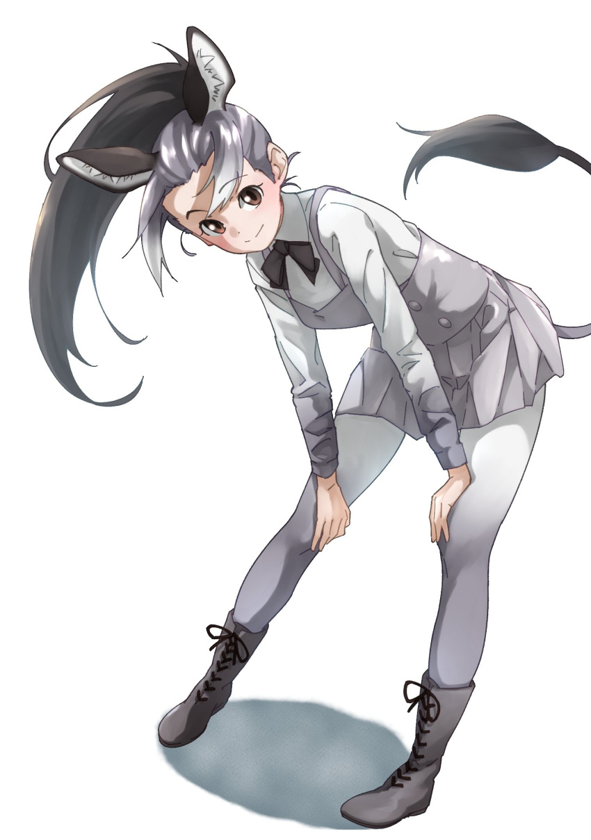 1girl animal_ear_fluff animal_ears boots brown_eyes commentary donkey_(kemono_friends) donkey_ears donkey_tail dress eyebrows_visible_through_hair forehead full_body gradient gradient_legwear grey_dress grey_footwear grey_hair hand_on_own_knee highres kemono_friends leaning_forward long_sleeves looking_at_viewer multicolored_hair pantyhose pinafore_dress ponytail simple_background smile solo standing tail tanabe_(fueisei) white_background