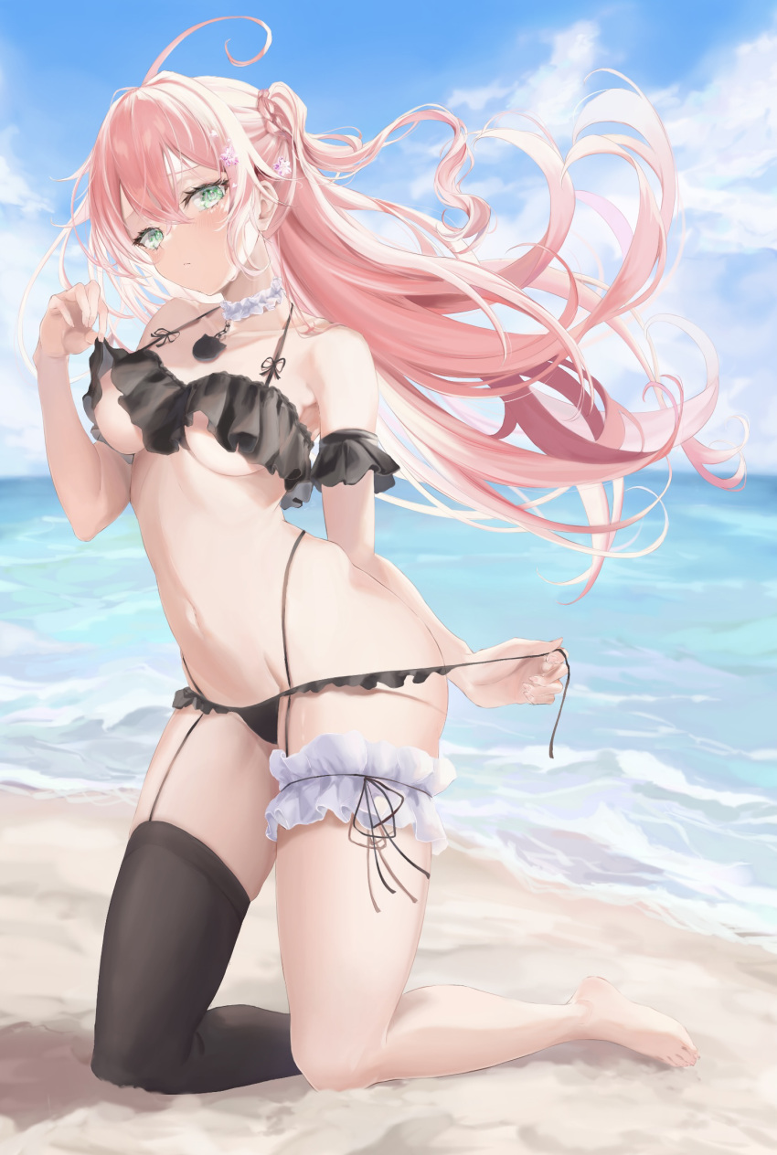 1girl ahoge alternate_hairstyle barefoot beach bikini bikini_lift black_bikini black_legwear blush breasts choker clothes_lift embarrassed frilled_bikini frilled_choker frills garter_straps green_eyes halterneck highres hip_bones hololive kneeling leg_garter long_hair looking_at_viewer mikanagi_yuri narrow_waist navel ocean pink_hair sakura_miko side-tie_bikini single_thighhigh solo stomach swimsuit thigh-highs under_boob undressing untying virtual_youtuber white_choker