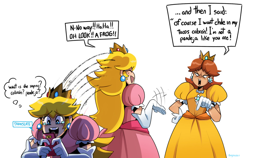 2girls :d ^_^ brown_hair closed_eyes crown dress elbow_gloves english_commentary eyebrows gloves highres holding holding_phone long_hair multiple_girls open_mouth phone pink_dress pointing pointing_down princess_daisy princess_peach profanity puffy_sleeves right-to-left_comic smile spanish_text speech_bubble super_mario_bros. tearing_up thegreyzen thought_bubble v-shaped_eyebrows white_gloves yellow_dress