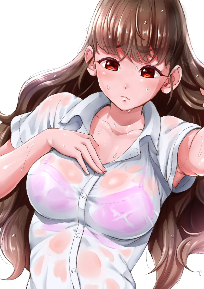 1girl bangs bra bra_visible_through_clothes breasts brown_hair closed_mouth collarbone collared_shirt commentary_request dress_shirt eyebrows_visible_through_hair hand_on_own_chest highres hogey_nk-2000 idolmaster idolmaster_cinderella_girls kamiya_nao large_breasts long_hair looking_at_viewer outstretched_arm pink_bra red_eyes see-through shirt short_sleeves simple_background solo sweat underwear wet wet_clothes wet_shirt white_background wing_collar