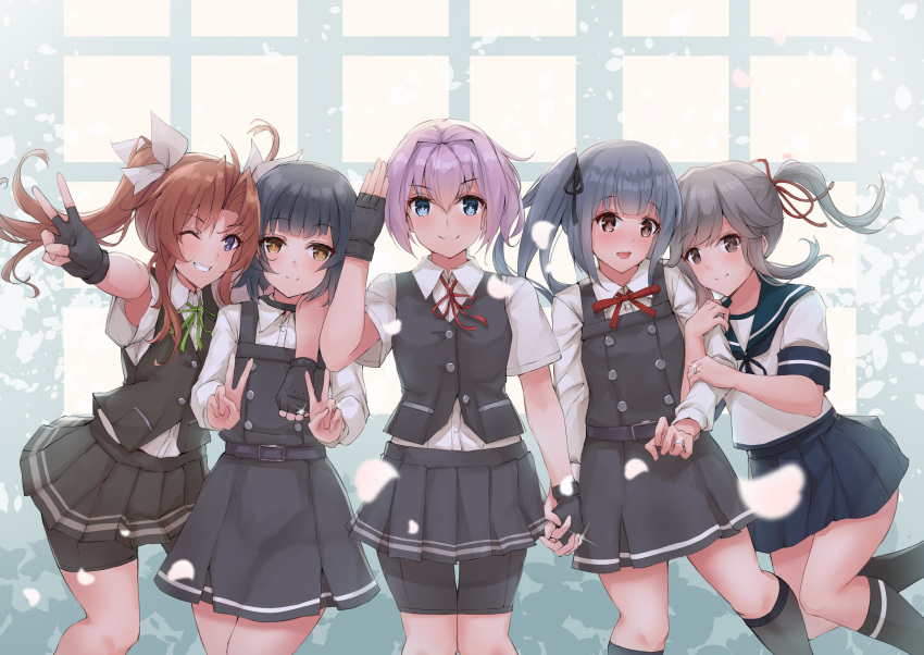 5girls absurdres arare_(kancolle) belt belt_buckle bike_shorts_under_skirt black_belt black_dress black_gloves black_hair black_legwear black_shorts black_skirt black_vest blue_eyes brown_eyes brown_hair buckle buttons collared_shirt commission dress eyebrows_visible_through_hair fingerless_gloves gloves grey_hair grey_legwear grin hair_between_eyes hair_ribbon highres k_jie kagerou_(kancolle) kantai_collection kasumi_(kancolle) kneehighs long_hair multiple_girls one_eye_closed open_mouth pinafore_dress pink_hair pleated_skirt ponytail ribbon second-party_source shiranui_(kancolle) shirt short_hair shorts side_ponytail skirt smile twintails usugumo_(kancolle) v vest violet_eyes white_ribbon white_shirt