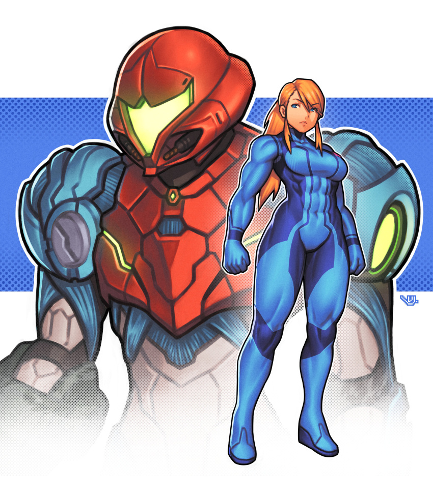 1girl 99vj abs absurdres blonde_hair blue_eyes clenched_hands furrowed_brow highres metroid metroid_dread muscular muscular_female opaque_helmet ponytail power_suit samus_aran sidelocks thick_thighs thighs zero_suit