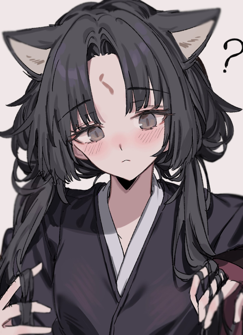 1girl :&lt; ? alternate_hairstyle animal_ears aogisa arknights black_eyes black_hair black_shirt blush dog_ears extra_ears eyebrows_visible_through_hair facial_mark forehead_mark hands_up highres holding holding_hair japanese_clothes long_hair low_twintails portrait saga_(arknights) shirt simple_background solo twintails white_background