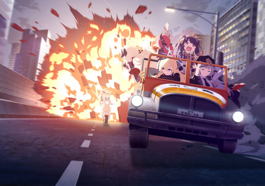 6+girls akari_(blue_archive) arm_up blue_archive explosion fuuka_(blue_archive) ground_vehicle halo haruna_(blue_archive) hat hifumi_(blue_archive) highres highway horns izumi_(blue_archive) jeep junko_(blue_archive) koharu_(blue_archive) looking_back military military_uniform motor_vehicle multiple_girls official_art red_eyes screaming sky tears uniform
