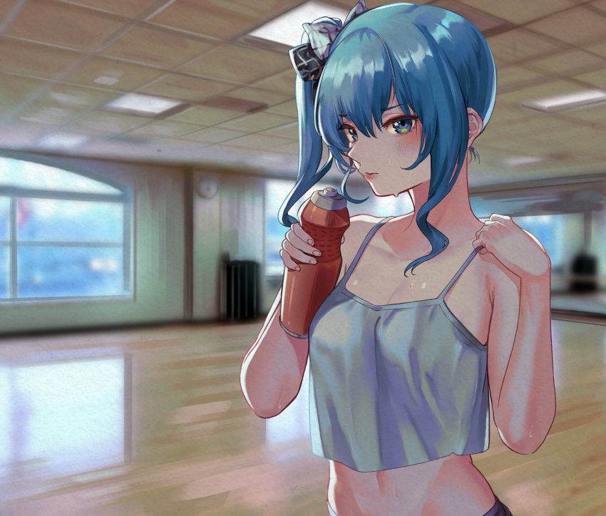 1girl bangs bare_arms bare_shoulders blue_eyes blue_hair blurry blurry_background blush bottle bow camisole closed_mouth commentary eredhen eyebrows_visible_through_hair hair_between_eyes hair_bow hands_up highres holding holding_bottle holding_strap hololive hoshimachi_suisei indoors long_hair midriff side_ponytail solo squeeze_bottle star_(symbol) star_in_eye sweat symbol_in_eye upper_body virtual_youtuber