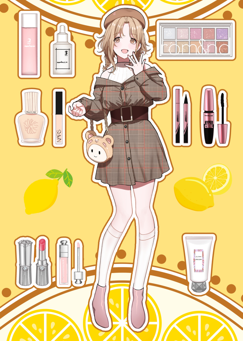 1girl :d alternate_costume bag bangs braid brown_hair cosmetics dress food fruit full_body hand_to_own_mouth handbag highres ichikawa_hinana idolmaster idolmaster_shiny_colors kneehighs lemon long_sleeves looking_at_viewer maou_(demonlord) nail_polish off-shoulder_dress off_shoulder outline parted_bangs plaid plaid_dress shoes sleeveless sleeveless_sweater sleeves_past_wrists smile solo sweater twintails yellow_background