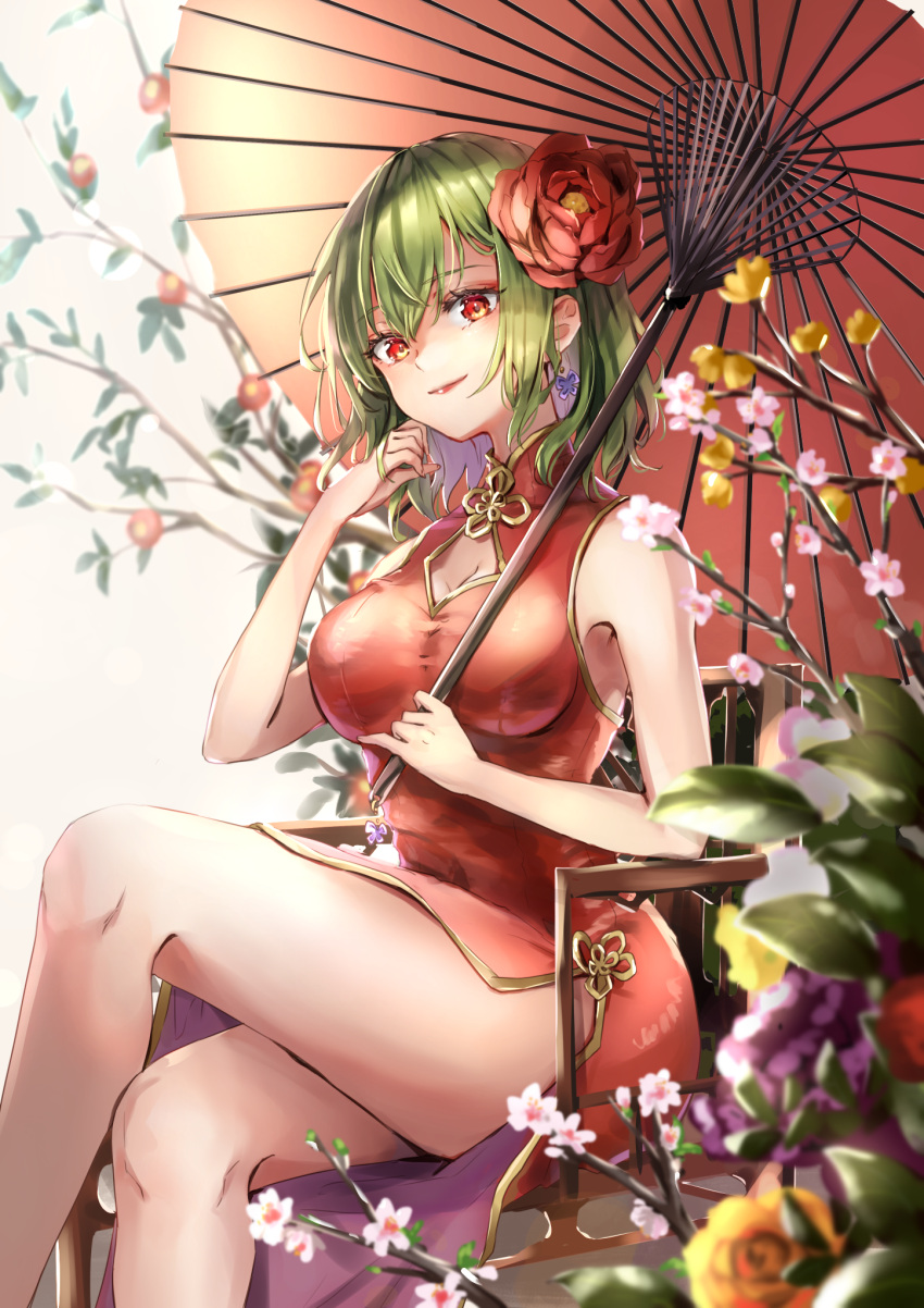 1girl bangs bare_shoulders blurry blurry_background bow bowtie branch breasts chair china_dress chinese_clothes closed_mouth crossed_legs dress earrings eyebrows_visible_through_hair flower flower_earrings gold_trim green_hair hair_between_eyes hair_flower hair_ornament hands_up highres jewelry kazami_yuuka leaf looking_at_viewer medium_breasts oil-paper_umbrella pink_flower pink_rose purple_flower red_dress red_eyes red_flower rose shironeko_yuuki short_hair sitting smile solo touhou umbrella white_flower yellow_background yellow_bow yellow_bowtie yellow_flower yellow_rose