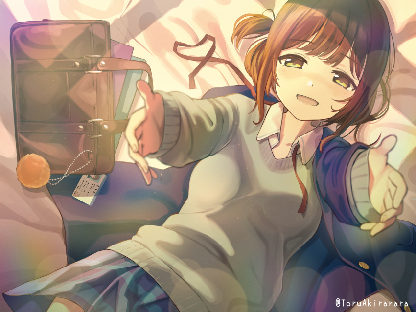 1girl akira_tooru artist_name bag bangs blue_jacket blue_sky blurry blurry_foreground brown_hair brown_sweater collared_shirt commentary_request depth_of_field eyebrows_visible_through_hair highres id_card jacket jacket_removed long_sleeves lying miniskirt on_back on_bed open_mouth original outstretched_arms red_ribbon ribbon school_bag school_uniform shirt short_hair skirt sky sleeves_past_wrists smile solo sweater undone_neck_ribbon white_shirt yellow_eyes