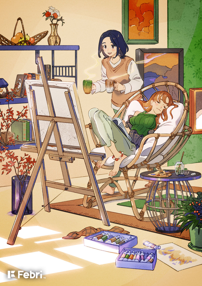 2girls anklet barefoot black_hair book breasts brown_hair brown_vest chair closed_eyes cup easel green_shirt grey_pants highres holding jewelry leaf long_hair long_sleeves medium_breasts medium_hair multiple_girls original paint palette_(object) pants parted_lips plant potted_plant shelf shirt sitting smile standing steam umishima_senbon vest white_shirt wide_shot