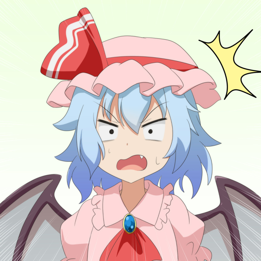 1girl ^^^ ascot bangs bat_wings blue_hair brooch cato_(monocatienus) commentary_request dot_pupils emphasis_lines eyebrows_visible_through_hair fang green_background hair_between_eyes hat highres jewelry looking_at_viewer mob_cap open_mouth pink_hair red_ascot remilia_scarlet short_hair simple_background solo sweatdrop touhou upper_body v-shaped_eyebrows wavy_mouth wings