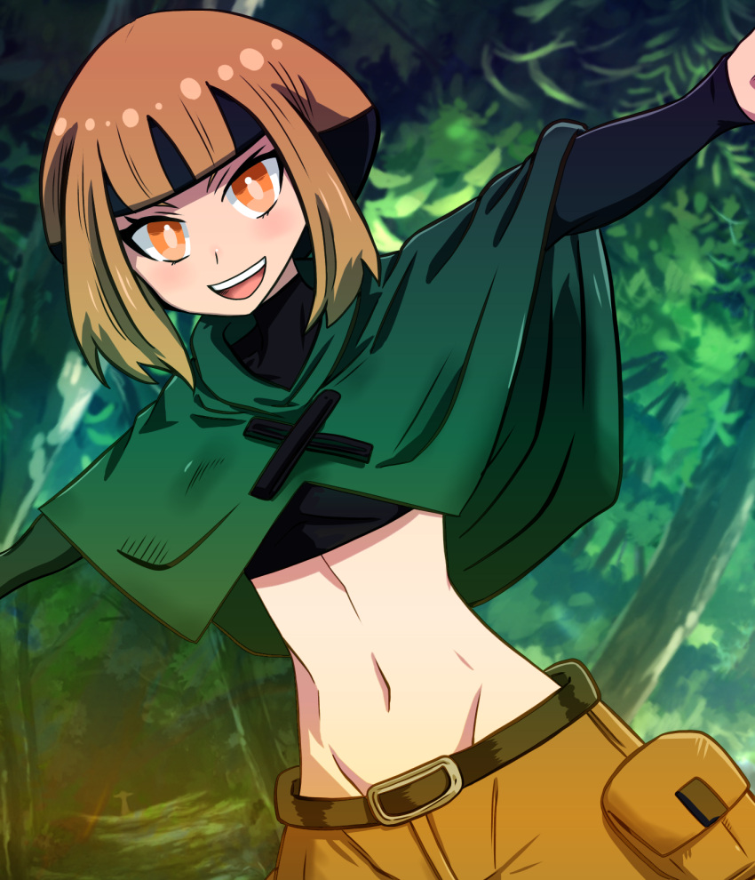 1girl :d bangs batchgooya belt black_belt black_hair black_shirt blunt_bangs brown_eyes brown_hair brown_shorts capelet commentary_request cowboy_shot crop_top cropped_shirt dutch_angle forest gardenia_(pokemon) green_capelet groin highres long_sleeves looking_at_viewer midriff multicolored_hair nature navel open_mouth outstretched_arm partial_commentary pokemon pokemon_(game) pokemon_dppt shirt short_hair short_hair_with_long_locks shorts sidelocks smile solo standing teeth tree two-tone_hair upper_teeth