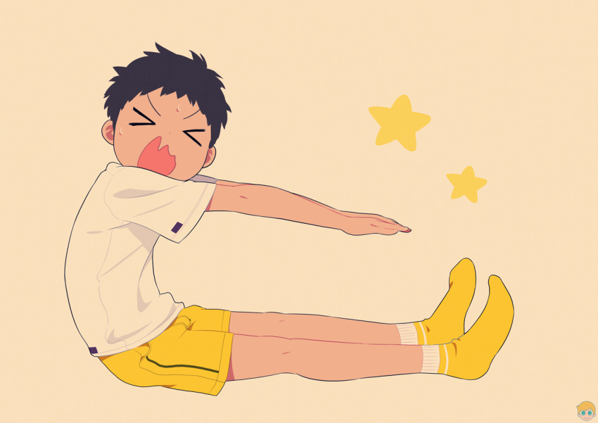 1boy black_hair closed_eyes exercise gym_shorts male_focus noeyebrow_(mauve) open_mouth original short_hair shorts simple_background sit-up solo stretch sweat yellow_legwear yellow_shorts