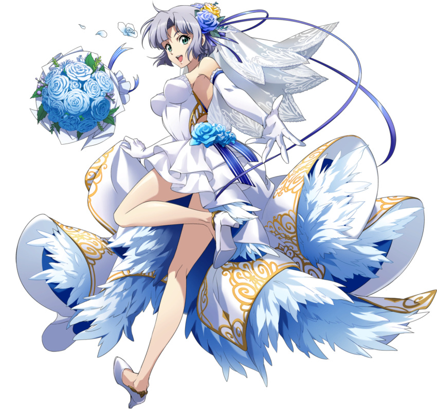 1girl :d blue_eyes blue_flower blue_ribbon blue_rose bouquet dress elbow_gloves flower full_body gloves hair_intakes hair_ribbon high_heels highres langrisser langrisser_ii layered_dress leg_up looking_at_viewer official_art outstretched_arm outstretched_hand pumps purple_ribbon ribbon rose sherry_(langrisser) shiny shiny_hair short_dress short_hair silver_hair sleeveless sleeveless_dress smile solo transparent_background twisted_torso veil wedding_dress white_dress white_footwear white_gloves yellow_ribbon