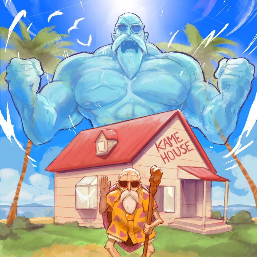 1boy absurdres andrew_goudreau bald beard blue_sky cane clouds dragon_ball dragon_ball_(classic) english_commentary facial_hair highres holding holding_cane house large_pectorals male_focus muscular muscular_male muten_roushi old old_man orange_shirt outdoors palm_tree pectorals shirt shorts sky solo standing sunglasses tree white_hair white_shorts