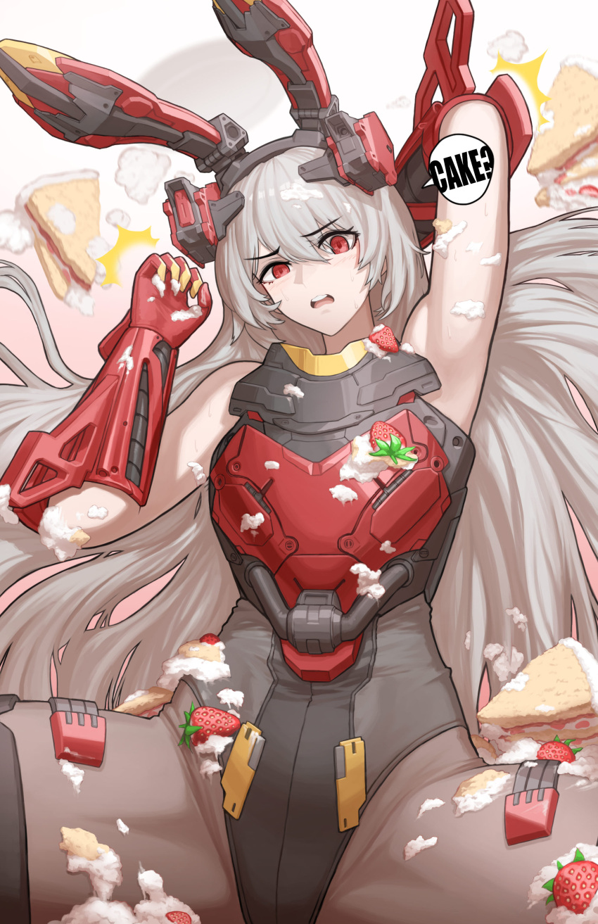 1girl absurdres animal_ears armored_leotard arms_behind_head bangs blush cake cake_slice charolic_(girls'_frontline_2) cheogtanbyeong english_text eyebrows_visible_through_hair food fruit gauntlets girls'_frontline_2:_exilium grey_hair headband highres leotard long_hair messy open_mouth pantyhose playboy_bunny rabbit_ears red_eyes solo strawberry sweatdrop thighs very_long_hair