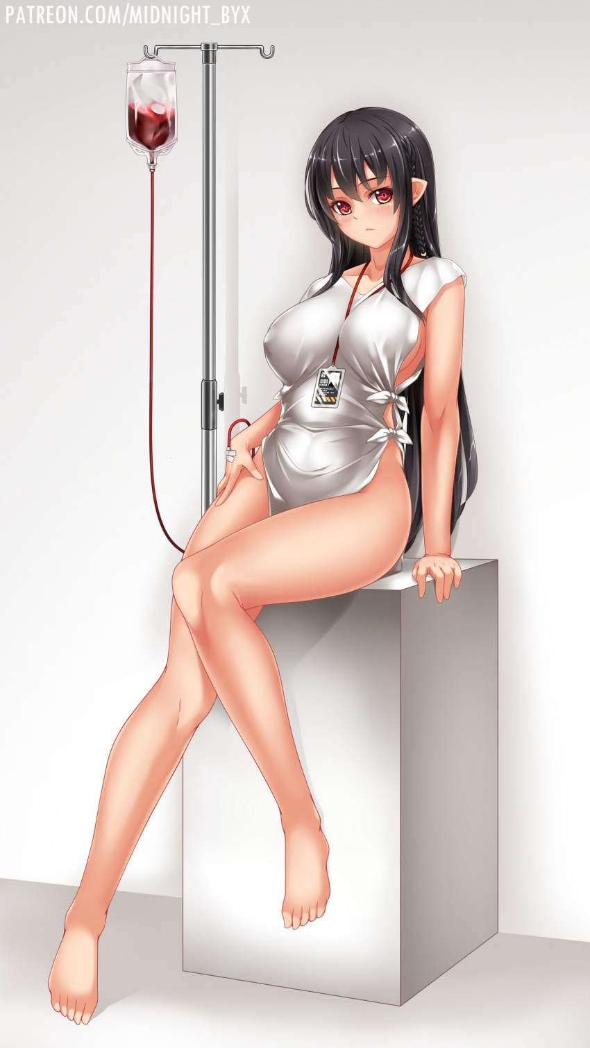 1girl barefoot black_hair blood blood_bag braid breasts eyebrows_visible_through_hair highres hospital_gown id_card intravenous_drip large_breasts long_hair looking_at_viewer midnight_(banyex) no_panties original pointy_ears red_eyes sitting solo white_background