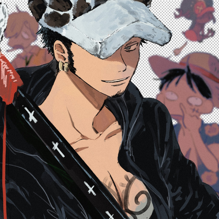 black_hair earrings facial_hair fur_hat goatee hat hat_over_one_eye highres jewelry looking_at_viewer makenevemoiine male_focus monkey_d._luffy one_piece open_clothes open_shirt sanji sheath sheathed short_hair smile solo_focus tattoo tony_tony_chopper trafalgar_law