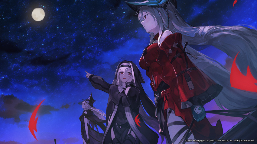 3girls :d aqua_gloves aqua_headwear arknights artist_request black_coat black_dress black_gloves black_headwear black_legwear blue_sky breasts coat company_name detached_sleeves dress fish full_moon garter_straps gladiia_(arknights) gloves grey_hair hand_on_own_cheek hand_on_own_face hat headgear highres holding long_hair long_sleeves looking_at_viewer medium_breasts moon multiple_girls navel night night_sky nun official_art official_wallpaper outdoors pelvic_curtain pointing profile red_dress red_eyes red_sleeves skadi_(arknights) skadi_the_corrupting_heart_(arknights) sky smile specter_(arknights) thigh-highs very_long_hair watermark