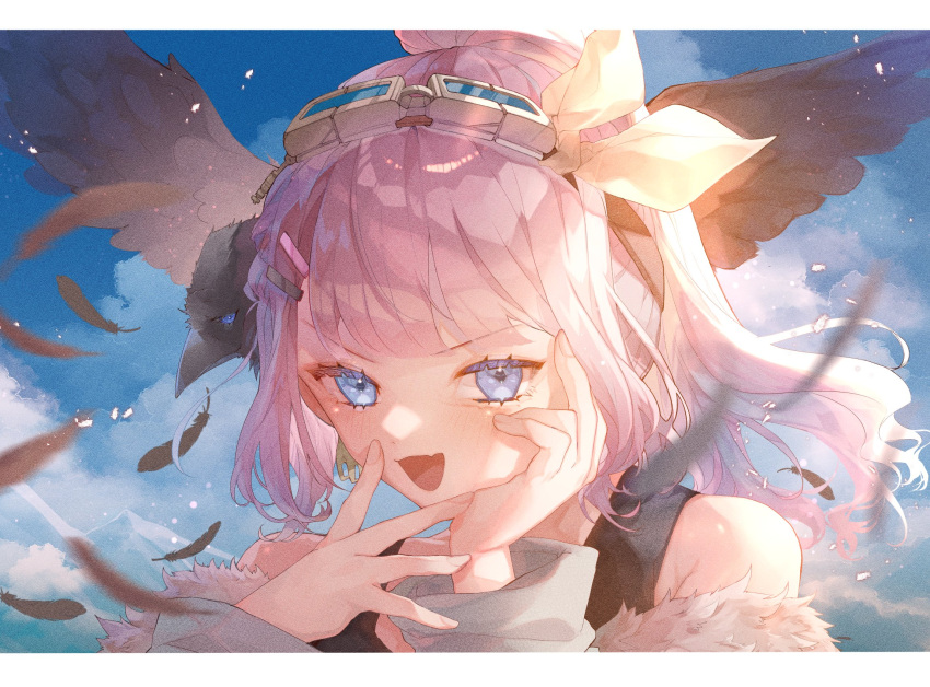 1girl apex_legends bird black_tank_top bloodhound_(apex_legends) bloodhound_(apex_legends)_(cosplay) blue_eyes clouds cosplay crow eyebrows_visible_through_hair fur_trim goggles goggles_on_head hair_ornament hair_ribbon hairclip hand_on_own_face highres karupisusawa nijisanji nijisanji_kr nun_bora off_shoulder open_mouth ponytail ribbon sky smile solo tank_top v-shaped_eyebrows virtual_youtuber yellow_ribbon