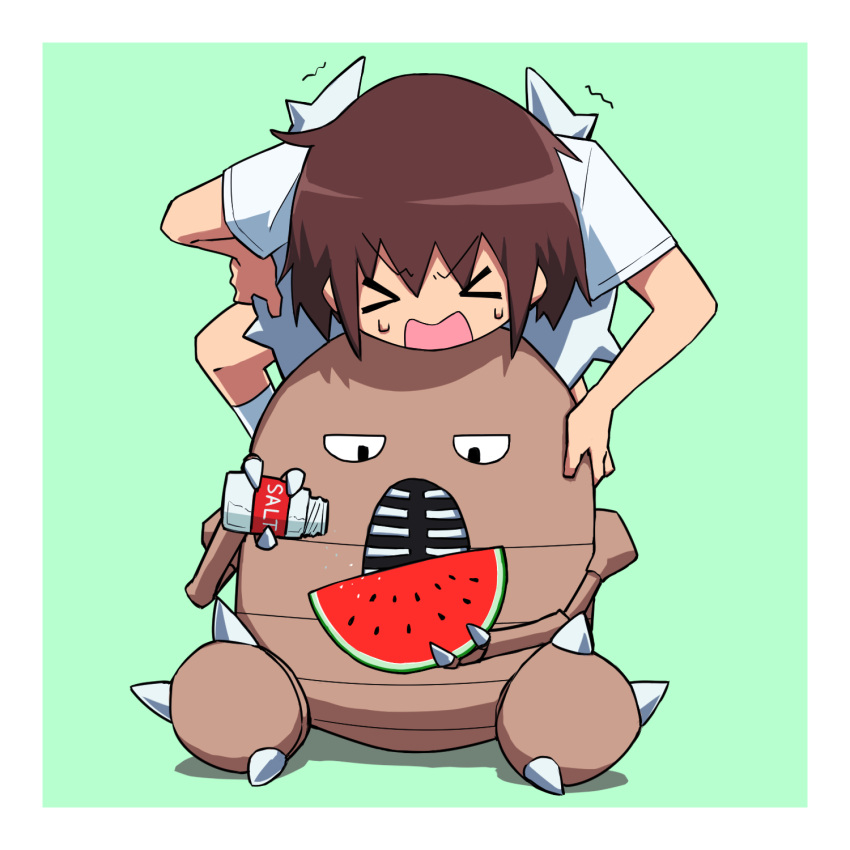 &gt;o&lt; 1girl brown_hair character_request closed_eyes eyebrows_visible_through_hair food fruit highres kill_me_baby kneehighs open_mouth oribe_yasuna pokemon pokemon_(creature) salt_shaker shirt short_hair short_sleeves watermelon white_legwear white_shirt yachima_tana