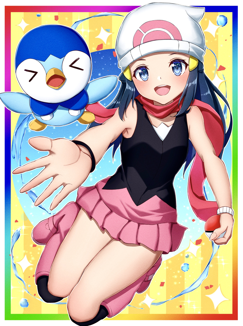 1girl :d absurdres bare_arms bare_shoulders beanie blue_eyes blue_hair boots border bracelet full_body hat highres hikari_(pokemon) holding holding_poke_ball jewelry knee_boots kneehighs legs_together long_hair looking_at_viewer miniskirt multicolored_background open_mouth outstretched_arm outstretched_hand pink_scarf pink_skirt piplup poke_ball poke_ball_(basic) poke_ball_print pokemon pokemon_(game) pokemon_dppt scarf shirt skirt sleeveless sleeveless_shirt smile solo thighs toukan white_border white_headwear wristband