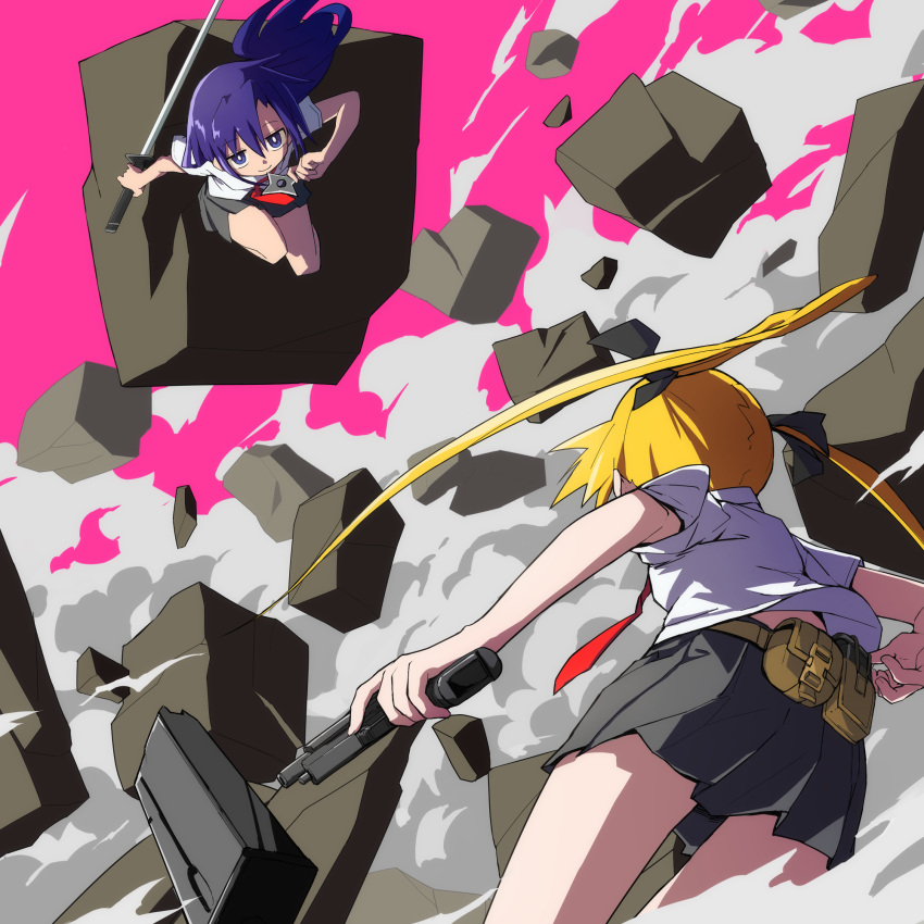 2girls black_ribbon black_skirt blonde_hair blue_eyes blue_hair closed_mouth eyebrows_visible_through_hair goshiki_agiri gun hair_ribbon highres holding holding_gun holding_shuriken holding_sword holding_weapon kill_me_baby long_hair looking_at_another multiple_girls necktie pleated_skirt red_necktie ribbon shirt shuriken skirt smile sonya_(kill_me_baby) sword twintails weapon white_shirt yachima_tana