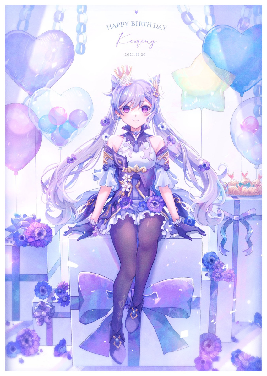 1girl 3mlie balloon bangs bare_shoulders black_legwear box character_name choker commentary crown dated detached_sleeves dress earrings flower frilled_dress frills full_body genshin_impact gift gift_box gloves golden_shrimp_balls_(genshin_impact) hair_cones hair_flower hair_ornament happy_birthday heart heart_balloon highres jewelry keqing_(genshin_impact) long_hair looking_at_viewer mini_crown pantyhose paper_chain petals purple_choker purple_dress purple_gloves purple_hair purple_ribbon ribbon shoes sitting smile solo star_balloon swept_bangs tassel tilted_headwear twintails violet_eyes