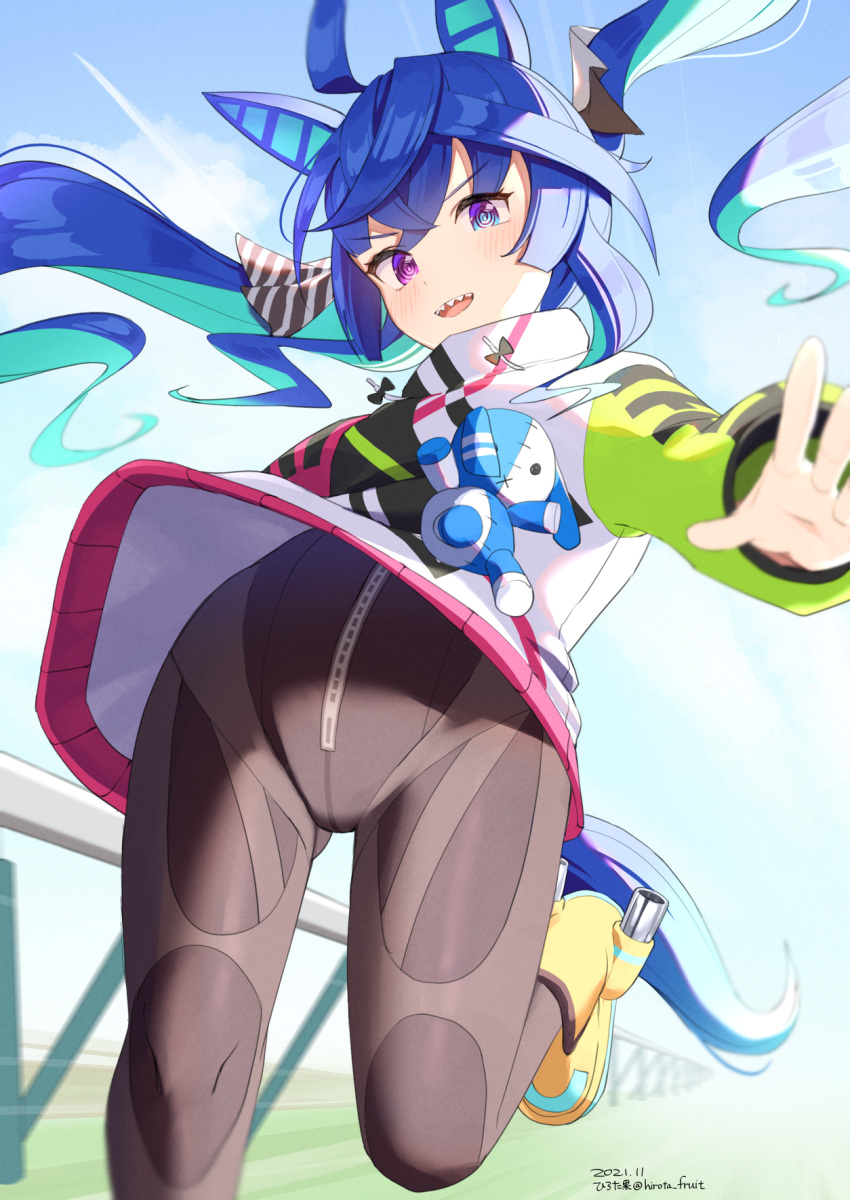 1girl :d @_@ ahoge animal_ears bangs blue_eyes blue_hair blush boots brown_bodysuit commentary_request dated drawstring eyebrows_visible_through_hair hair_between_eyes heterochromia highres hirota_fruit horse_ears horse_girl horse_tail jacket long_sleeves looking_at_viewer puffy_long_sleeves puffy_sleeves running sharp_teeth smile solo stuffed_animal stuffed_bunny stuffed_toy tail teeth twin_turbo_(umamusume) twintails twitter_username umamusume v-shaped_eyebrows violet_eyes white_jacket yellow_footwear