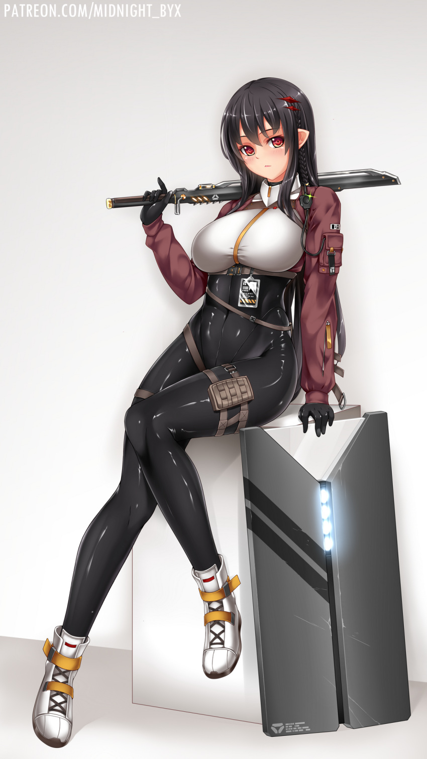 1girl belt black_hair bodysuit bodysuit_under_clothes braid breasts covered_navel cropped_jacket eyebrows_visible_through_hair hair_ornament highres holding holding_sword holding_weapon large_breasts long_hair looking_at_viewer midnight_(banyex) original pointy_ears red_eyes shiny shiny_clothes sitting solo sword weapon white_background