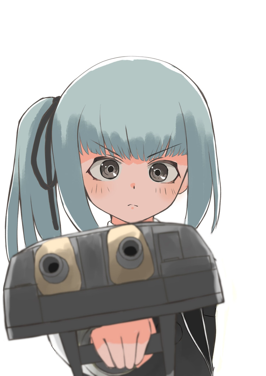 1girl adapted_turret aiming brown_eyes cannon commentary_request grey_hair highres kantai_collection kasumi_(kancolle) long_hair looking_at_viewer negative_space simple_background solo toplow turret upper_body white_background